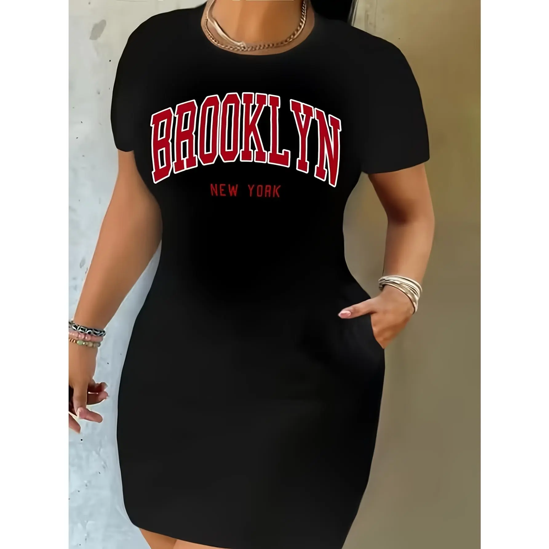 Casual Brooklyn New York Graphic TShirt Dress, Perfect for Home, Going Out, or as a Gift|Ideal for Christmas, Valentine's Day and More| Plus Size Round Neck Short Sleeve Apparel for Women