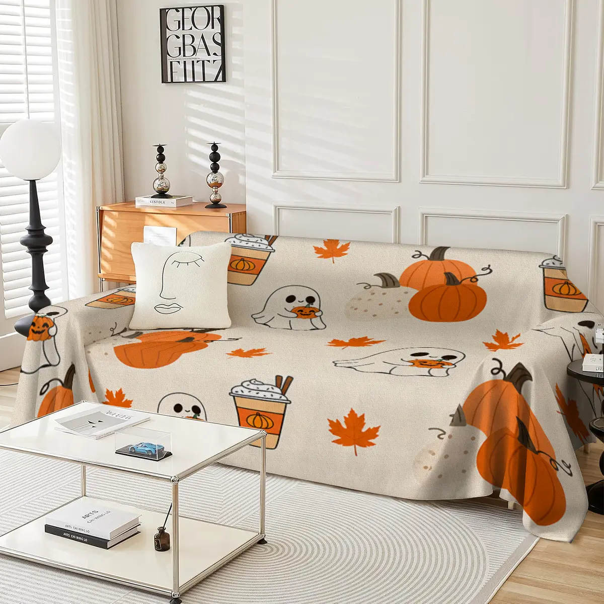 Halloween Ghost Pumpkin Pattern Sofa Cover, All-Season, Halloween Decoration, Fits Living Room, Single to Four-Seater Sofas