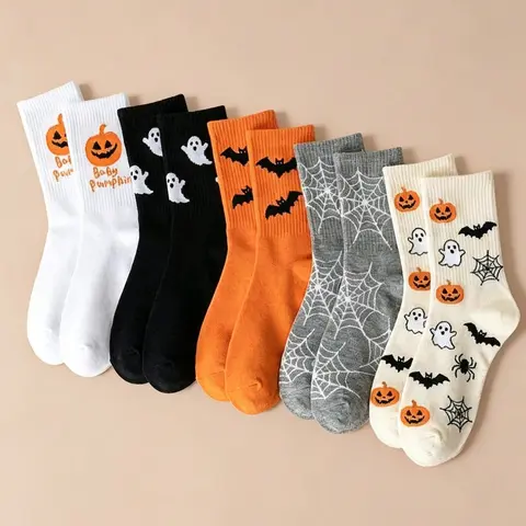 5 Pairs Unisex Halloween Cartoon Crew Socks for Women, Pumpkin Ghost Bat Spider Web Jacquard Crew Socks, Cute Fun Trendy Socks, Halloween Party Outfit Socks, Versatile Couple Casual Long Socks, Festive Vibe Socks, Halloween Cosplay Accessories