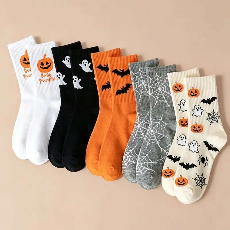 5 Pairs Unisex Halloween Cartoon Crew Socks for Women, Pumpkin Ghost Bat Spider Web Jacquard Crew Socks, Cute Fun Trendy Socks, Halloween Party Outfit Socks, Versatile Couple Casual Long Socks, Festive Vibe Socks, Halloween Cosplay Accessories