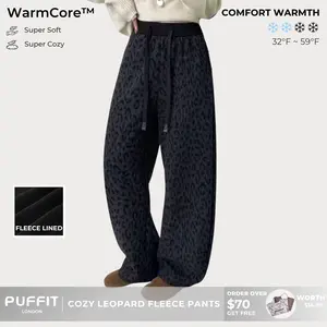 PUFFIT WarmCore Cozy Fleece Lined Leopard Pants, Flattering Fit, High Waist, Super Stretch, Ultra-Soft Feel,Soft, Fine Polar Fleece,Side Pockets,Casual Comfy Pants For Fall&Winter,Women's Trousers For Daily Weal