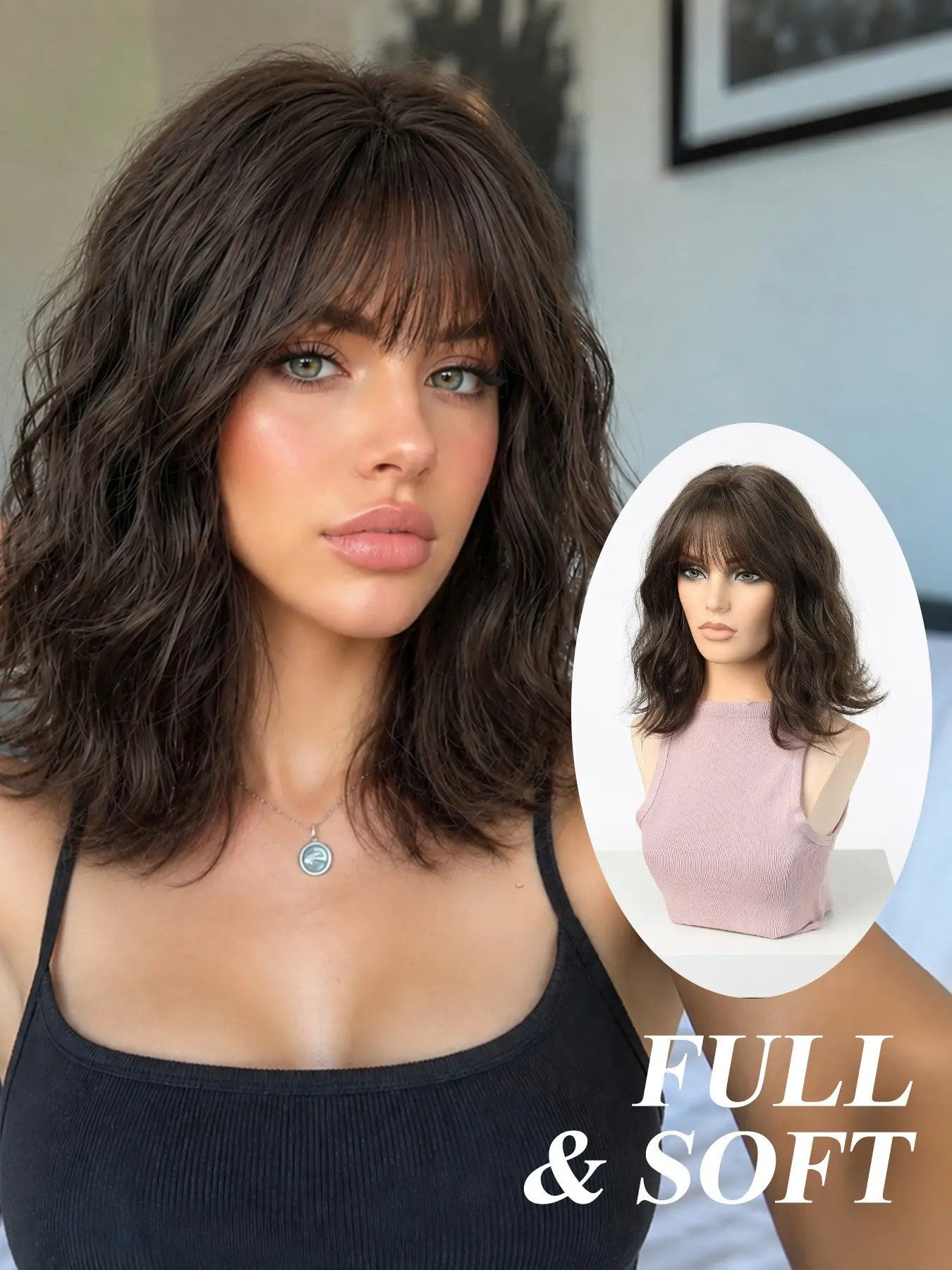12-Inch Layered Short Wig, French Bangs, Curly Wave Bob, Realistic Scalp, Free Part, Synthetic Hair, All Seasons, Suitable for Any Occasion