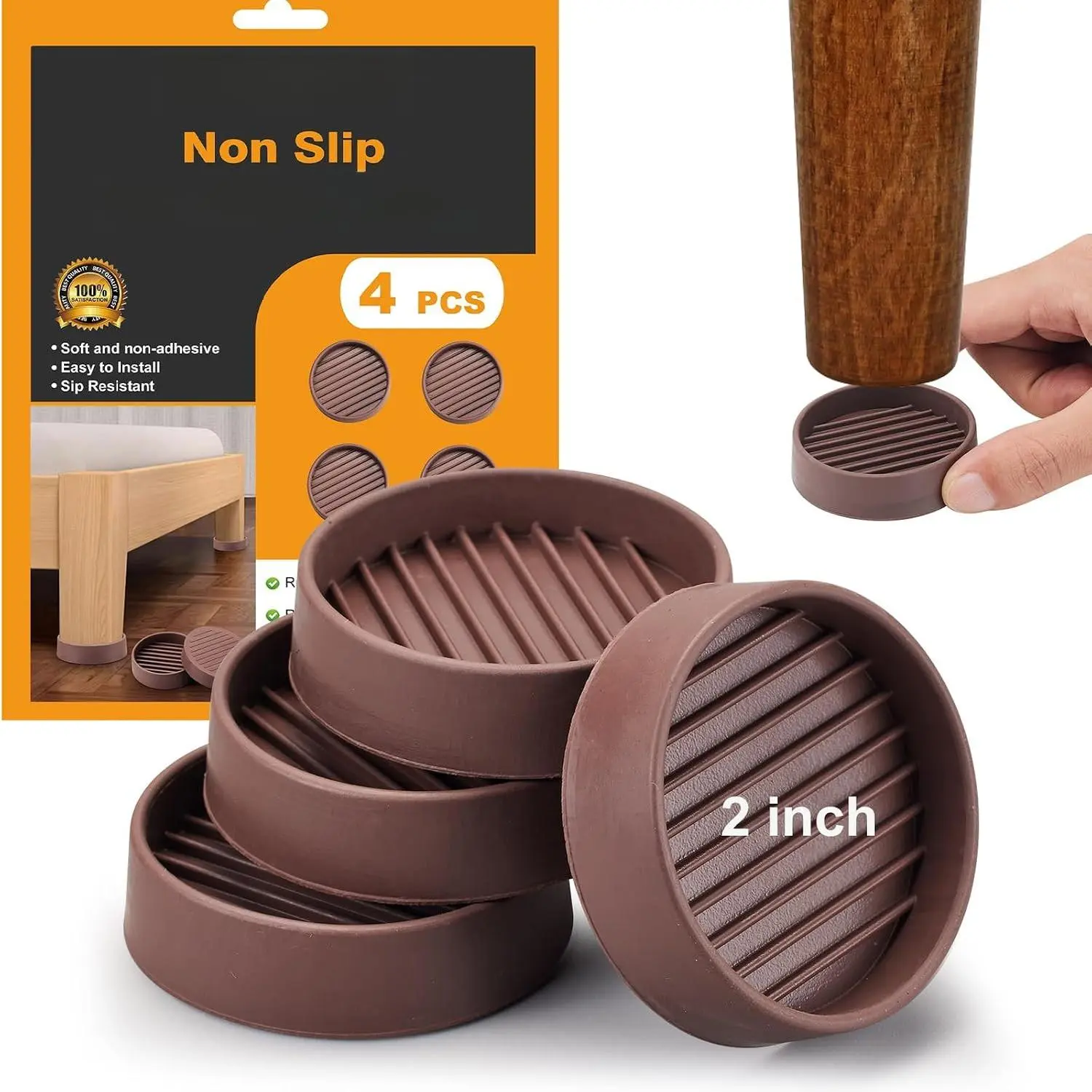 Non Slip Rubber Furniture Pads 2 inch 4 count, Couch Bed Stoppers to  Sliding, Furniture Coasters, Non Skid Furniture Grippers for Hardwood Floors Brown Round