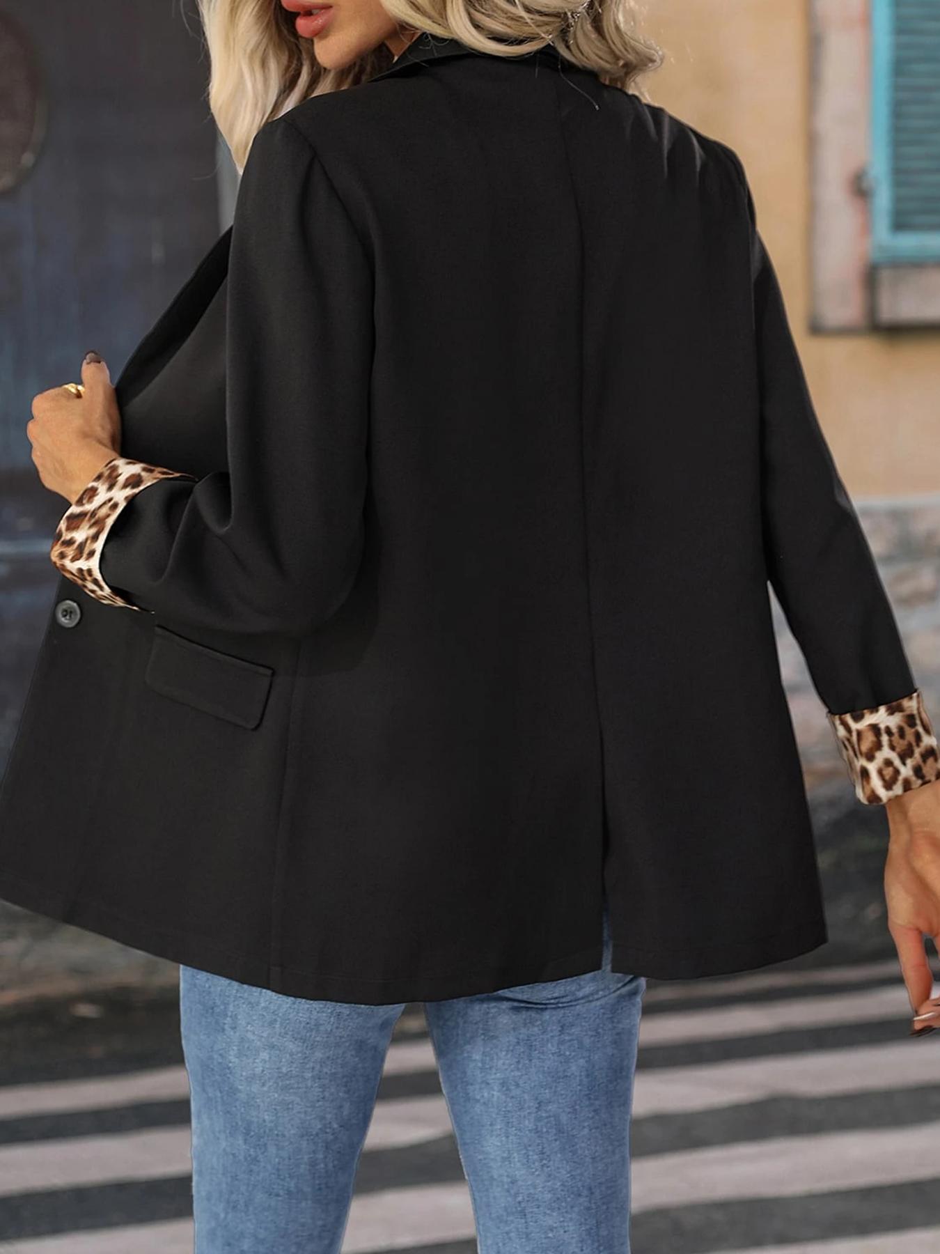 Classic Solid Color Leopard Print Patchwork Button Casual Blazer with Shoulder Pads, Business Attire for Spring & Fall, Fitted Style Outerwear