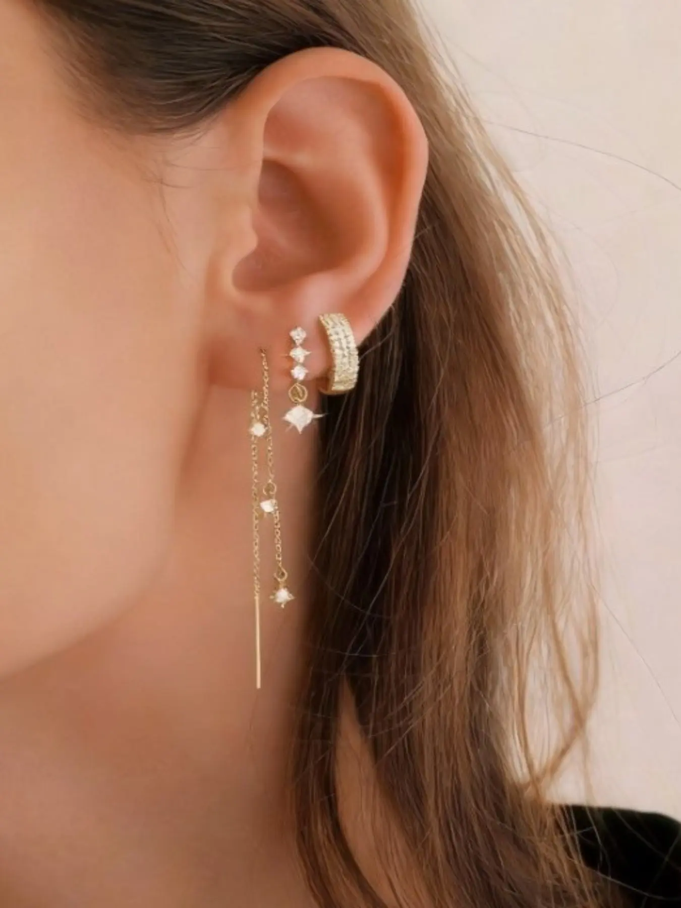 Stackable Gold Celestial Earring Set, Shiny Hoops, Star Dangle Studs & Long Star Chain Threader Earrings, Dainty Multi Piercing Layered Earrings, Elegant Fashion Jewelry For Women Girls, Daily Outfit Wedding Dating Gift Earrings