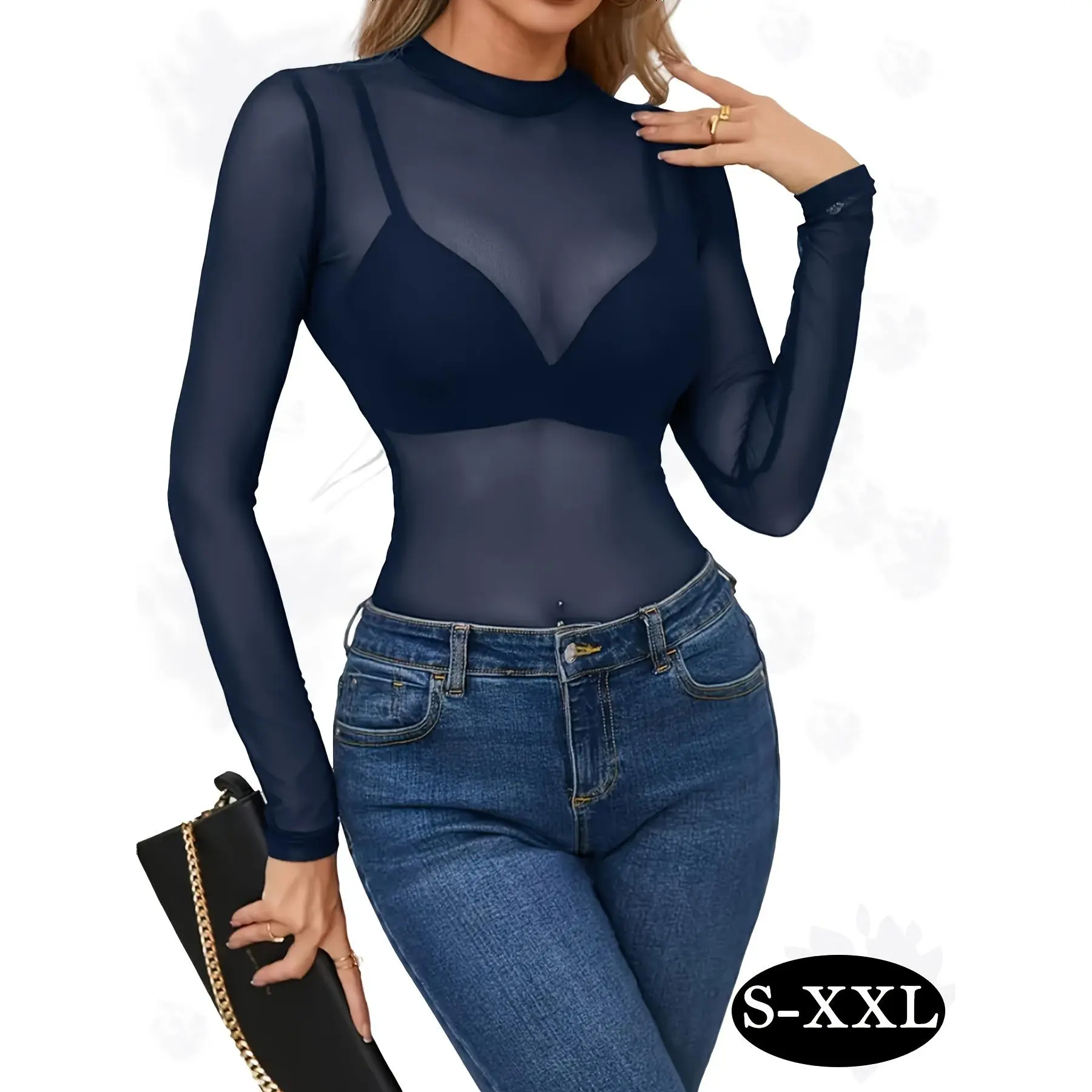 Women's Basic Lace See-Through Blouse, High Neck Long Sleeve Mesh Top, Versatile All-Season Layering Shirt, Lady, All-Over Lace Blouses & Shirts, Embellished Lace Blouses & Shirts