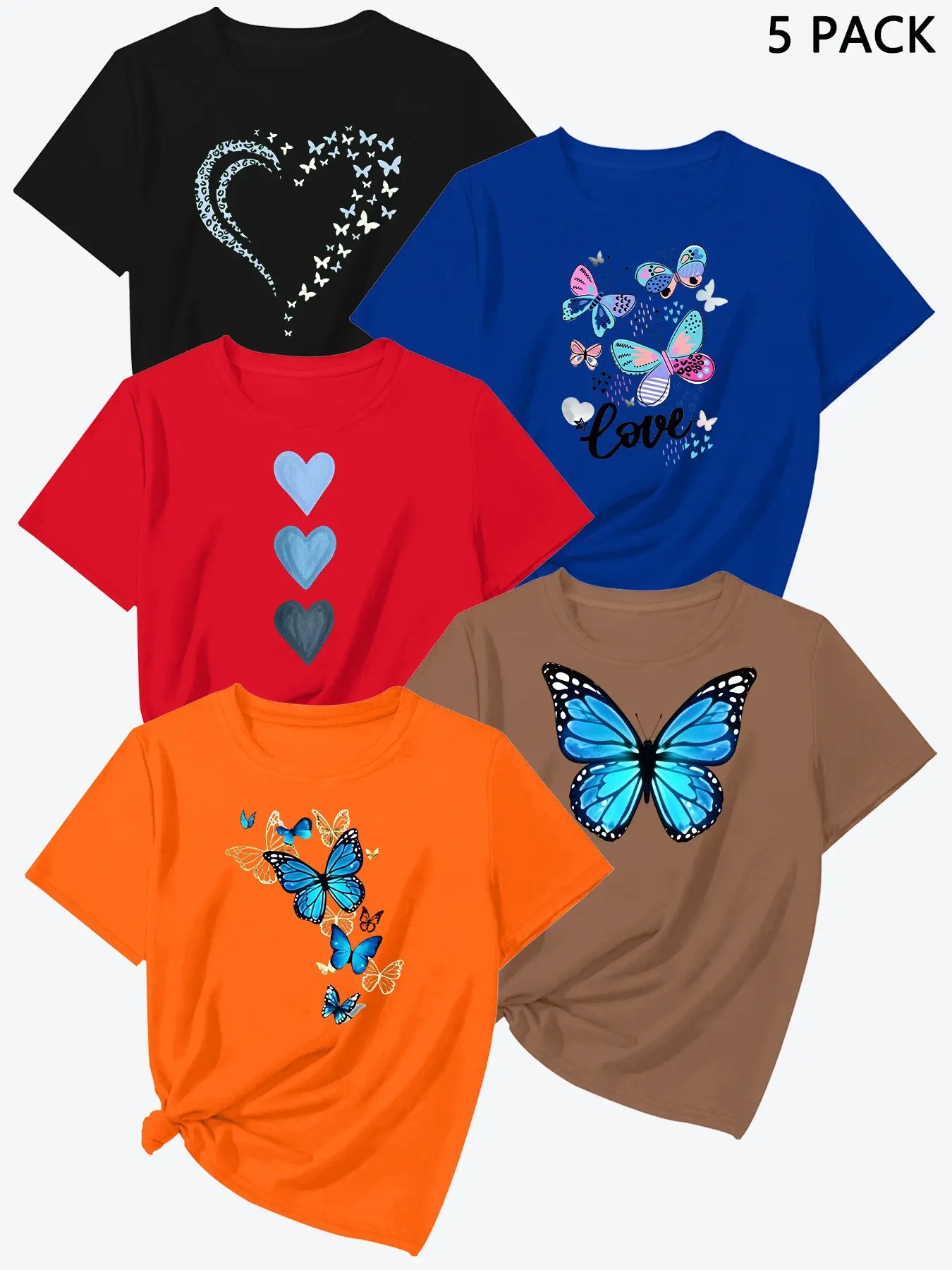 Summer New Butterfly Print Short Sleeve, Multi-Color Options, High-Quality Women's Sport T-Shirt 5-Pack, Casual Fashion Top