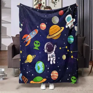 1Pc Space Astronaut Print Flannel Blanket - Lightweight Soft All-Season Throw With Vibrant Planets, Rockets & Stars Design For Bed, Sofa, Camping, Travel - Contemporary Style Cozy Gift & Adults, Bed And Sofa Throw |   Space-themed Decor |   Plush Texture,