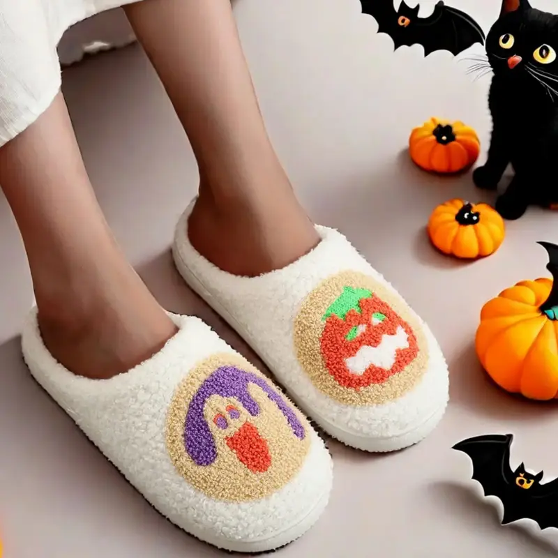 Vintage Halloween Cookie Embroidered Plush Slippers for Men and Women, Soft Comfortable House Shoes for Fall and Winter, spooky season Perfect Gift for Halloween Relaxation Home Slippers