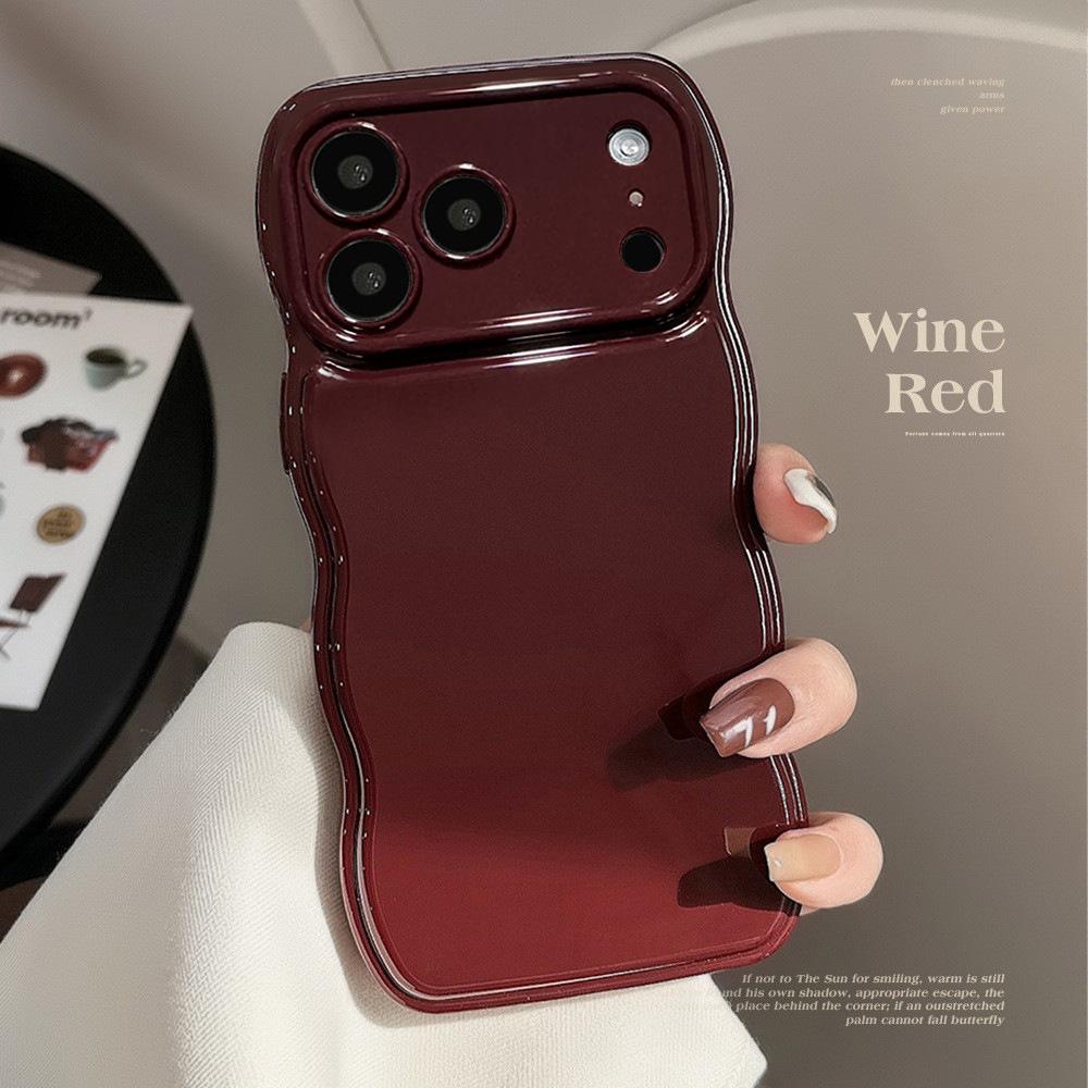 Retro Wine Red Wavy Phone Case For iPhone 17 16 15 14 13 12  Pro Max  Woman Girl Soft Shockproof Bumper Back Cover