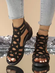 Women's Fashionable Glitter Decorated Zipper Back Sandals, Casual Peep Toe Sandals for Summer, Lightweight Breathable Comfortable Shoes for Daily Wear, Girl