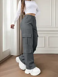 Women's Cargo Pants, Straight Leg, Elastic Waist, Multiple Pockets, Casual Street Style, Everyday, Solid Color, Long Pants for All Seasons