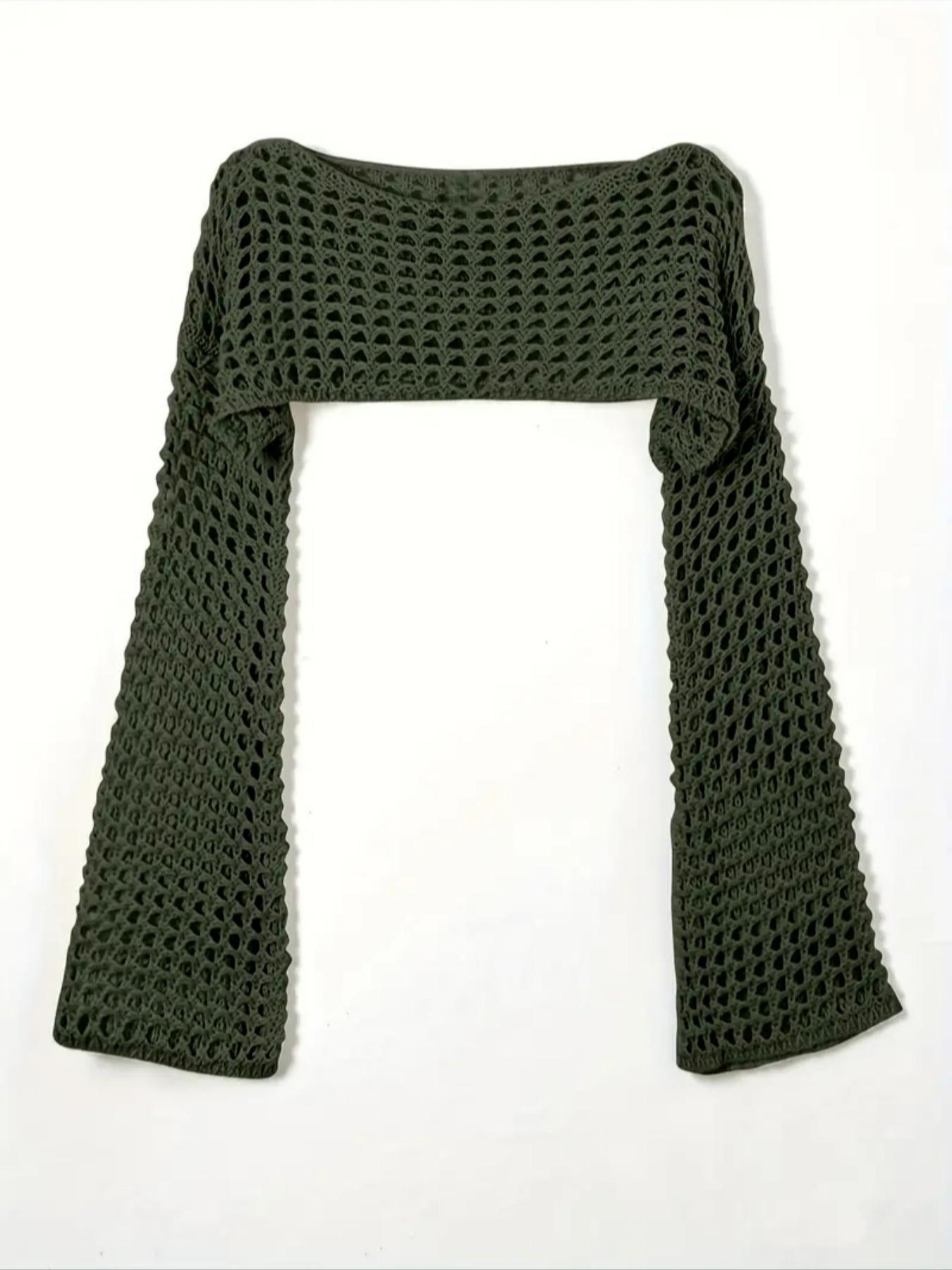 Women's Y2K Plain Hollow Out Flounce Sleeve Super Crop Cover Up, Casual Long Sleeve Boat Neck Knit Top for Daily Wear, Ladies Clothes for Fall