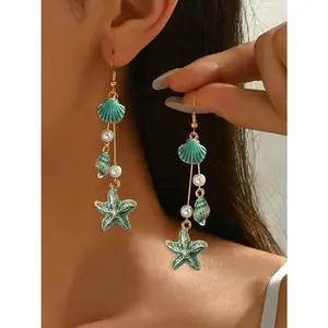 Elegant Women's Earrings, Vintage Bohemian Oceanic Style, Dangling Earrings, Ocean Vibes Dangles, Beachy Earrings, Geometric Blue Starfish, Faux Pearl Dangle, Long Fringe, All-Year Casual Jewelry
