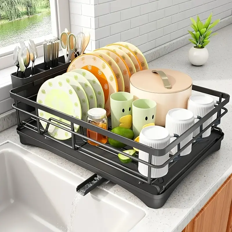 Dishwasher Rack - Adjustable Dishwasher Rack, Spacious Sink Drain Rack for Kitchen Countertops, Stainless Steel Drain Rack with Dish Rack (Black)