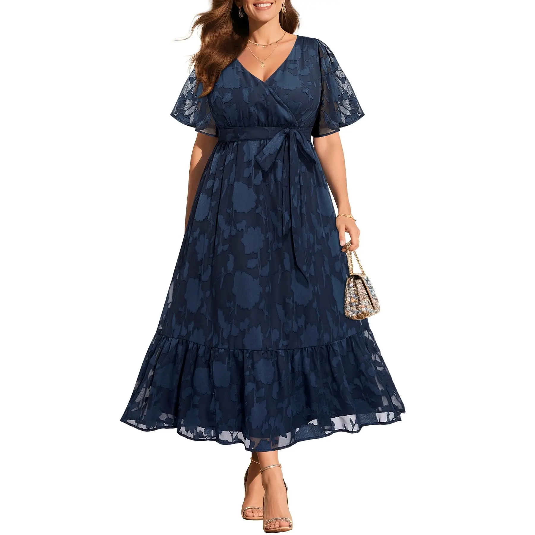 PINUP FASHION Women's Plus Size Pinup Wrap V-Neck Maxi Dress - Cocktail Semi-Formal Summer Formal Wear Gown, Polyester Clothes for Wedding Guests, Graduations, Church, Gowns