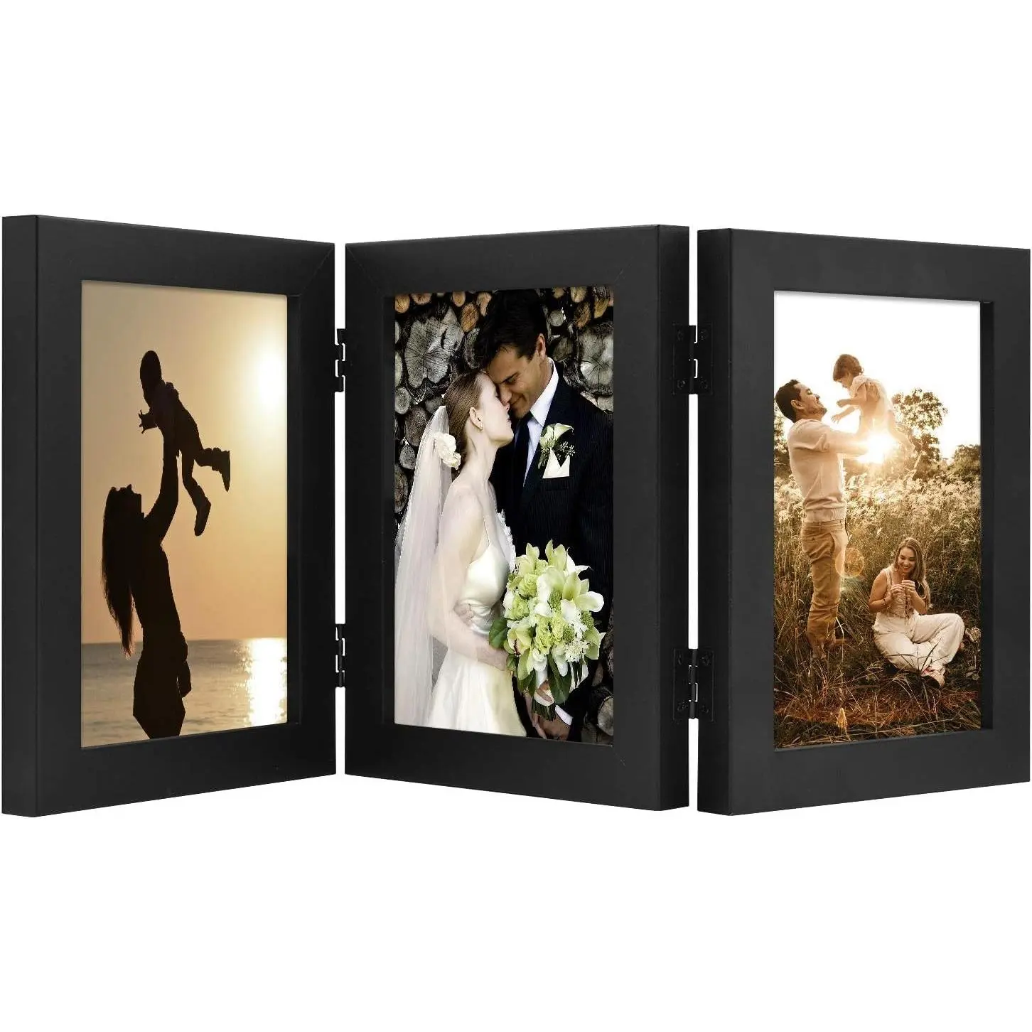5x7 Triple Picture Frame Black Real Glass, 1 Pack - Trifold Photo Frame Vertical Display for Desktop, Three Folding Picture CollageGift