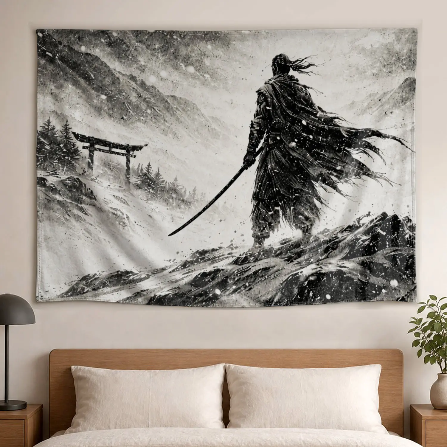 Samurai Ronin Snow Mountain Torii Gate Ink Wash Painting Wall tapestry, Large size Printed Horizontal Tapestry blanket, Polyester Fabric Wall Hanging for living room, bedroom, No Installation Required, Indoor, Outdoor, Gift for Family and Friends