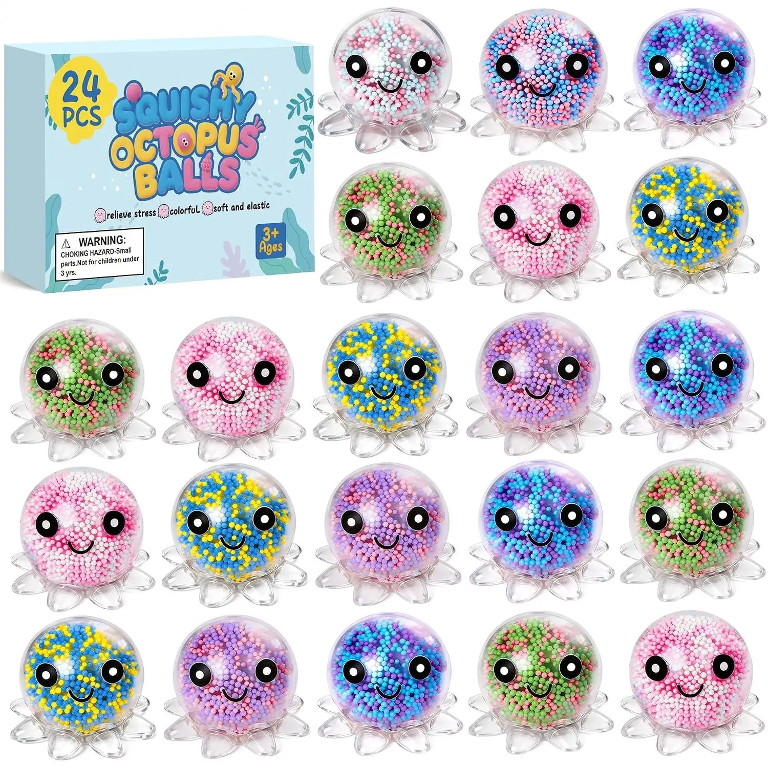 24-Pack Unisex Lightweight Thermoplastic Octopus Stress Balls - Cute Squishy Fidget Toys for Fidgeting, Anxiety Relief, Party Favors, Easter Basket Stuffers, Birthday Gifts