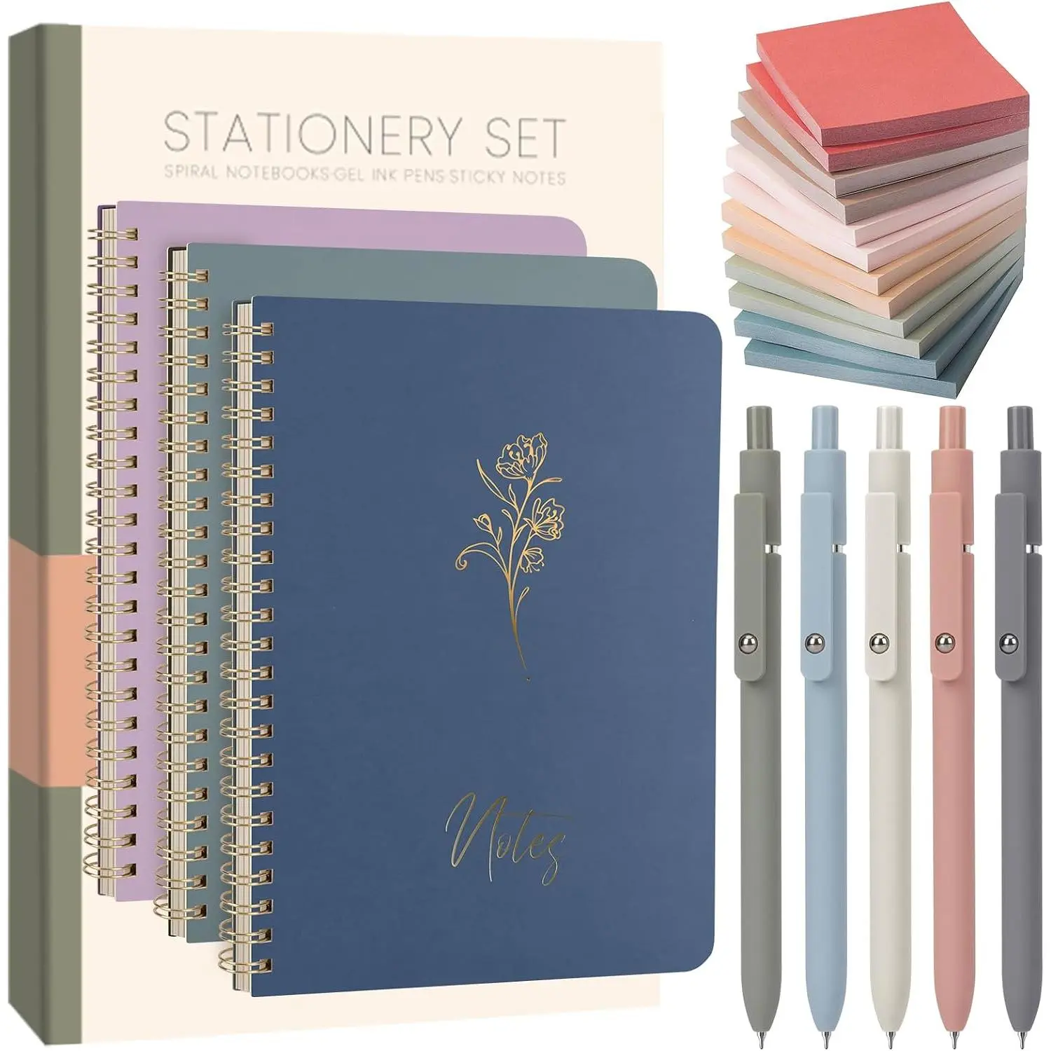 Cute Spiral Notebook Set For Women,  Journal Set, 3 Pack A5 Spiral Notebook + 5 count Gel Pens + 600 Sticky Notes +  Box, Aesthetic  Set for Work Students School Office Supplies