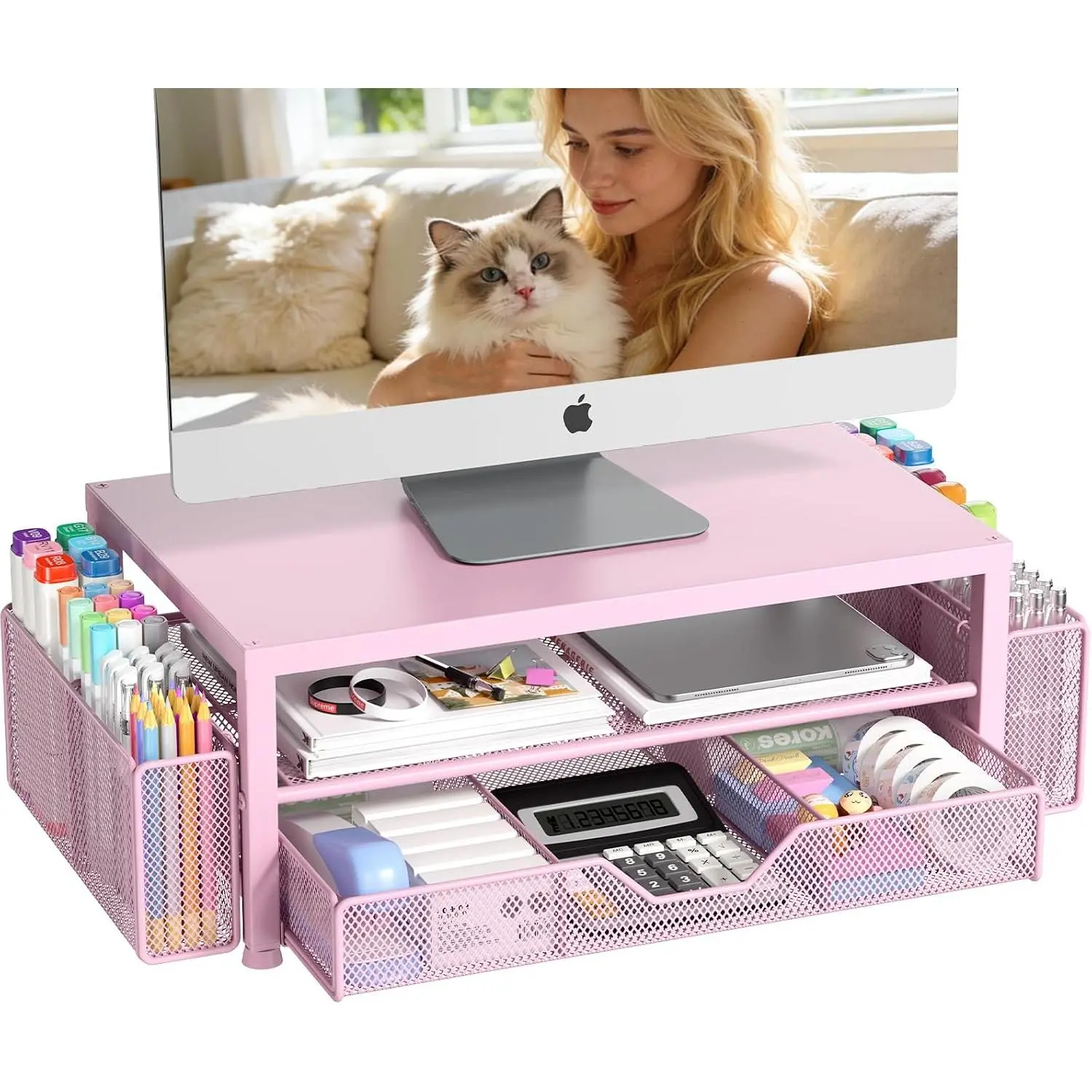 Metal Blush Pink Monitor Raiser Stand with Drawer+Holders, 2 Pen Holders, Desk Organizer & Desk Accessories for Home Office Computer Monitor/Laptop Use