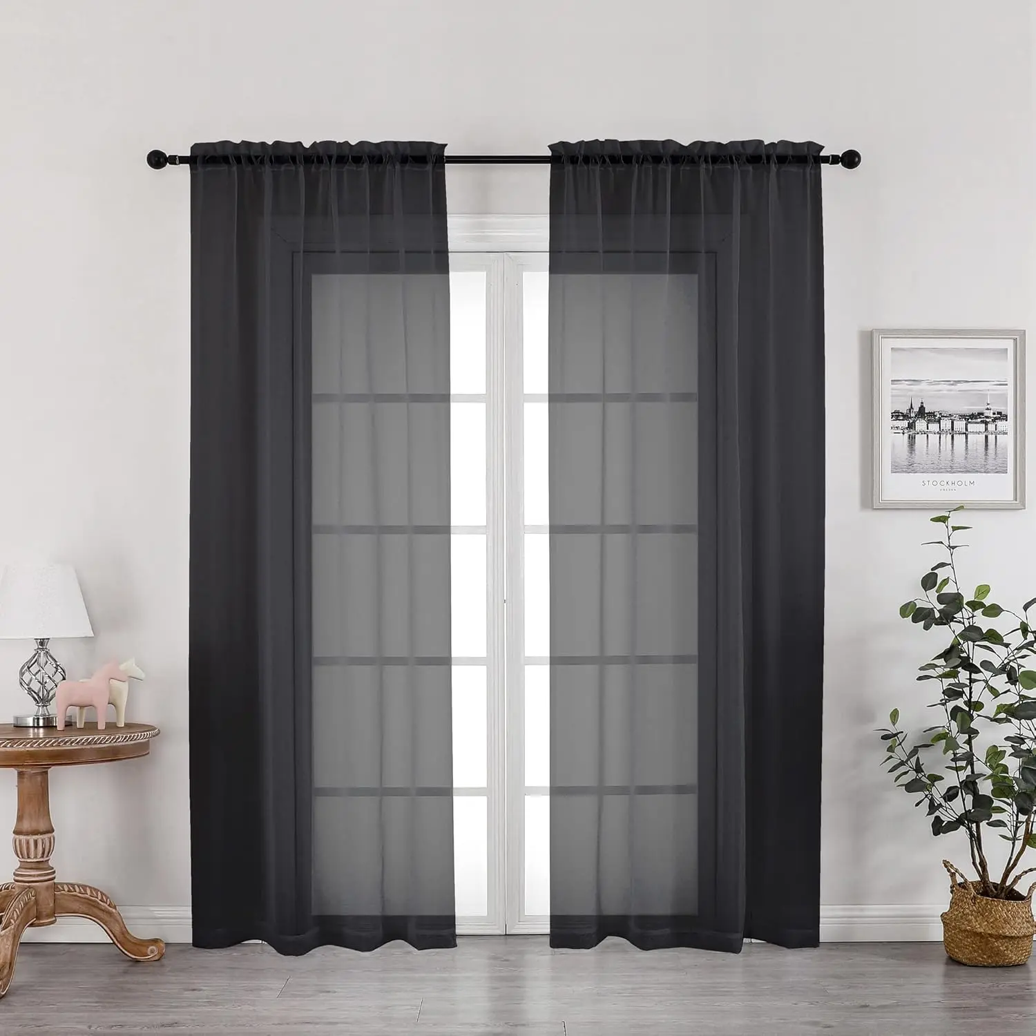Black Sheer Solid Curtains (2 Panels, 42x72in) - Transparent Voile Gauze Drapes with Dual Rod Pocket, Smooth Texture, Machine Wash, Cool Iron, Non-Chlorine Bleach for Living Room Decor & Bedroom Window Treatment