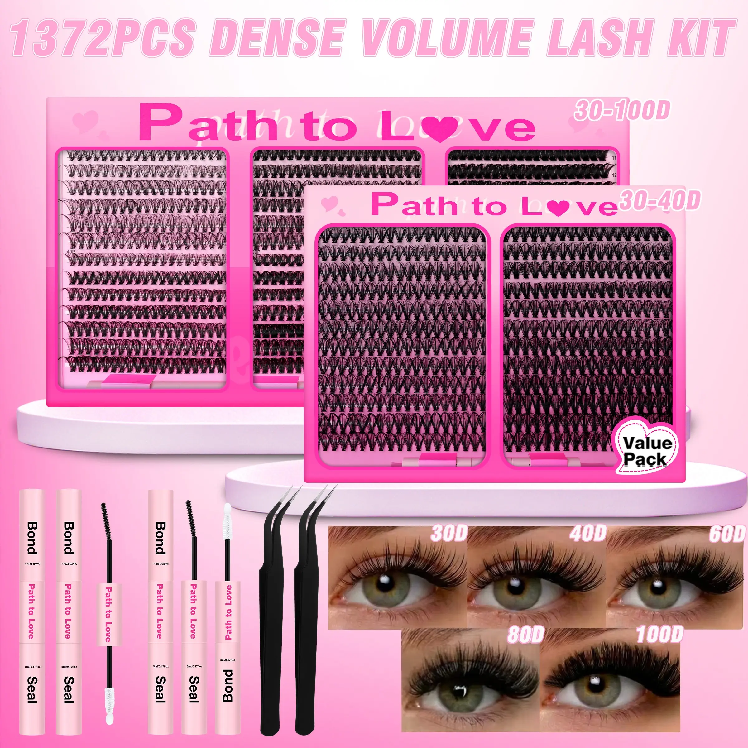 Limited Time Offer! 1372pcs Cluster False Eyelashes Set, Free 3 Two-In-One Adhesive & Curling Glue, 2 Eyelash Tweezers, DIY Lash Extension Kit