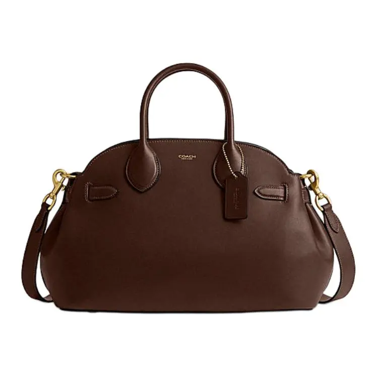 COACH Empire Carryall 35 Crossbody Handbag for Women – Leather, Detachable Logo Strap, Maple Color