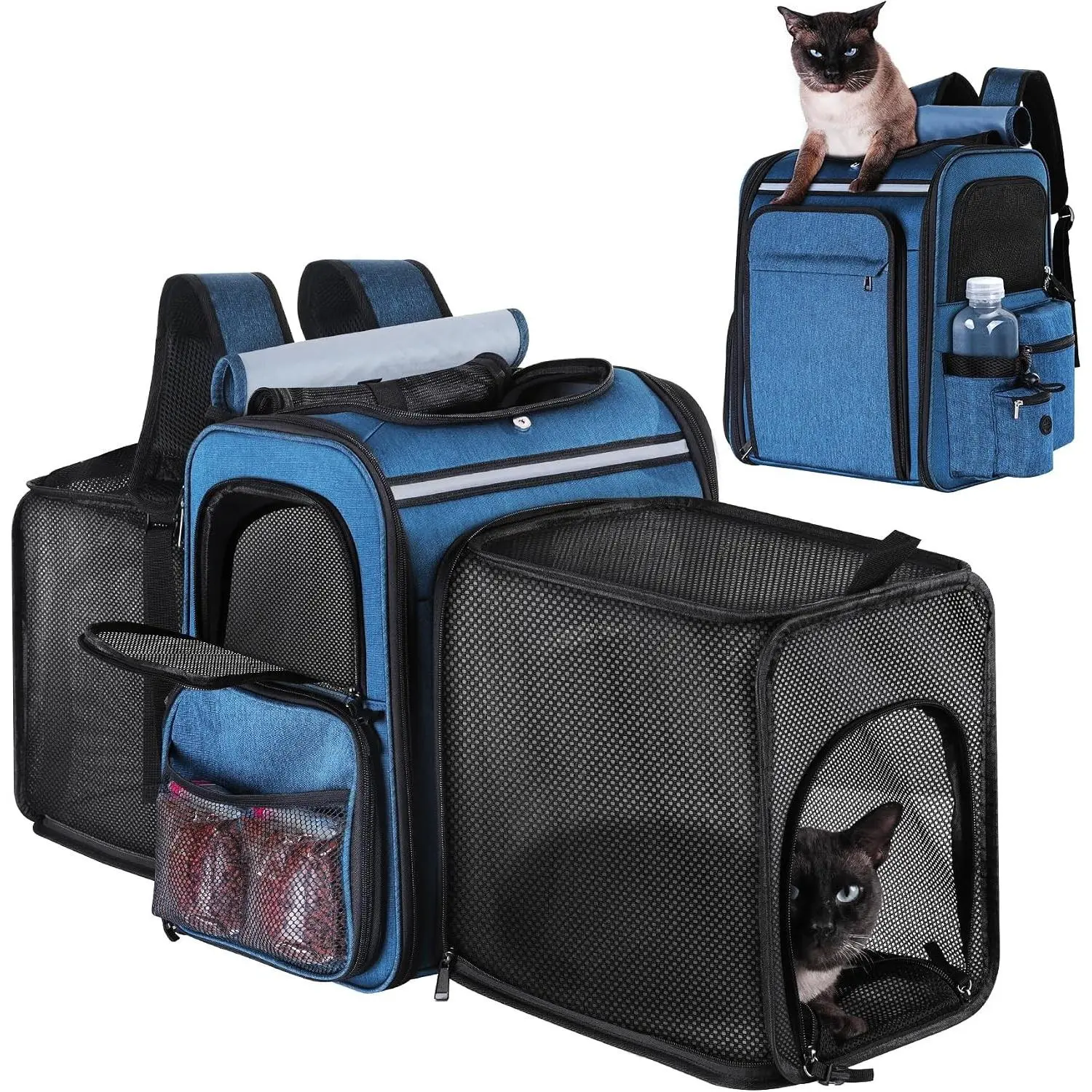 Mesh Fabric Ventilation Pet Carrier Backpack for Outdoor Hike - Fits Large Cats, Small Dogs, Puppies Up to 20 Lbs, Expandable, Travel-Ready (Blue)