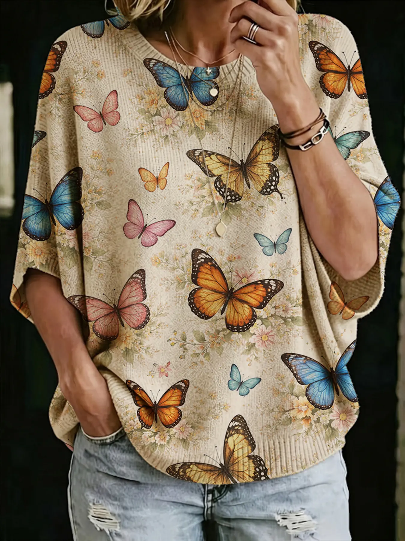 Women's Knitted Top for Spring Summer Fall Winter, Casual Butterfly Print Loose Sweater, Versatile Daily Wear, Fashion