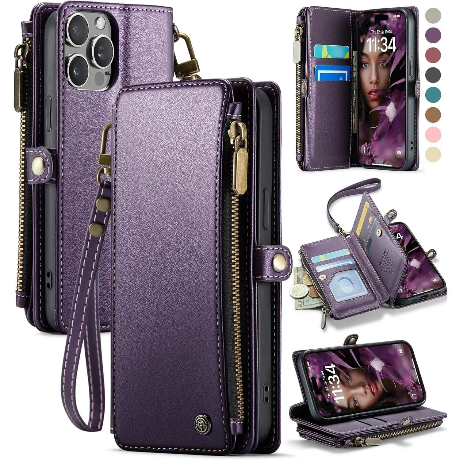 Compatible with  14 Pro Case Wallet with RFID Blocking Card Holder for Women Men, Soft PU Leather  Snap Flip Zipper Strap Wallet Phone Case Fit for  14 Pro 6.1",