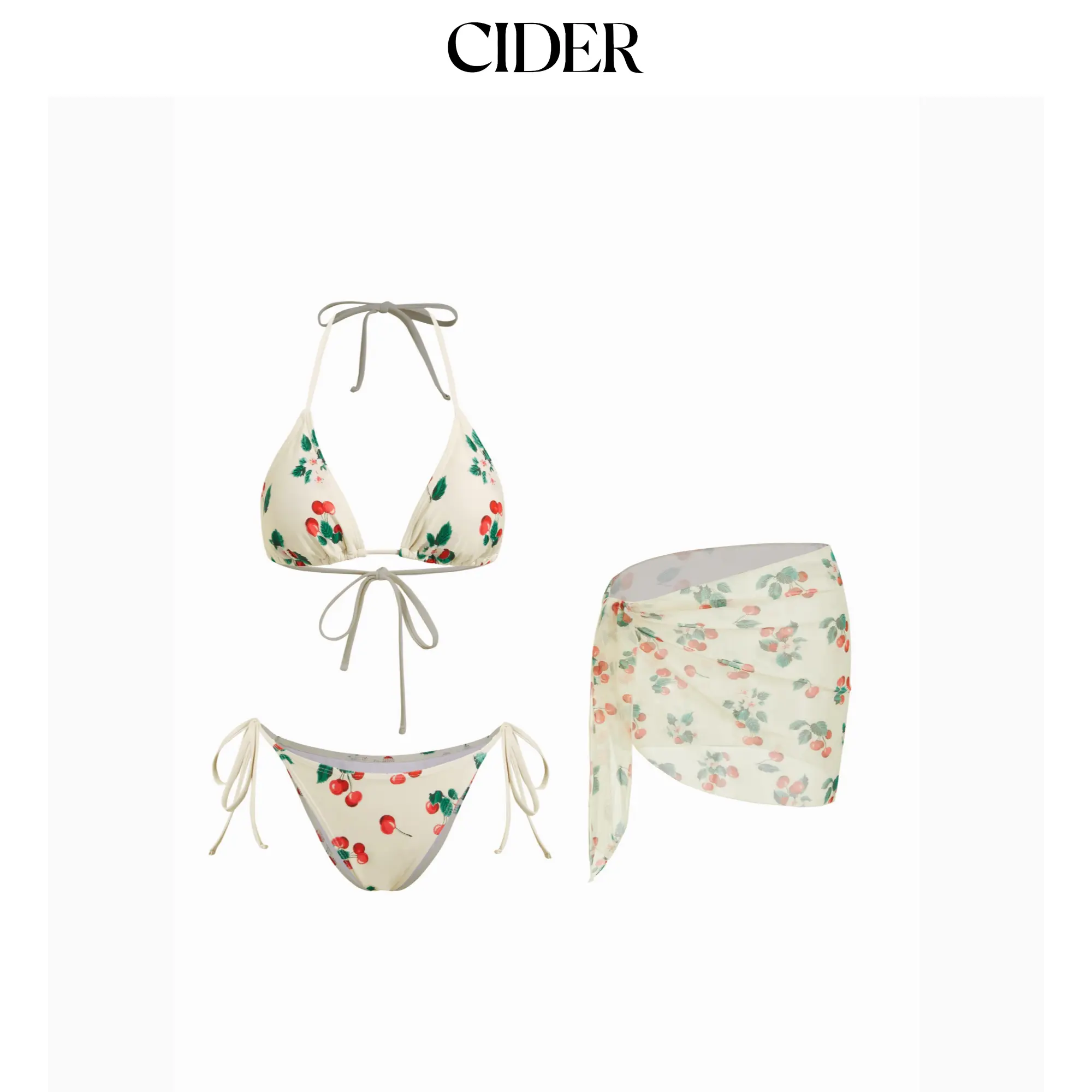 Cider Flirty Cherry Triangle Bikini Set With Sheer Sarong