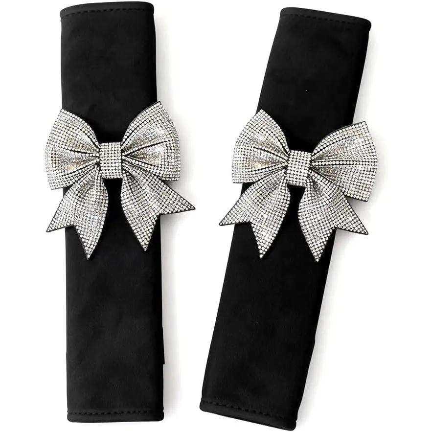 Women's 2-Pack Classic Rhinestone Bling Bowknot Car Seat Belt Covers - 12.6x2.75in Synthetic Fabric, Easy-Install, Slip-Resistant Interior Cushions