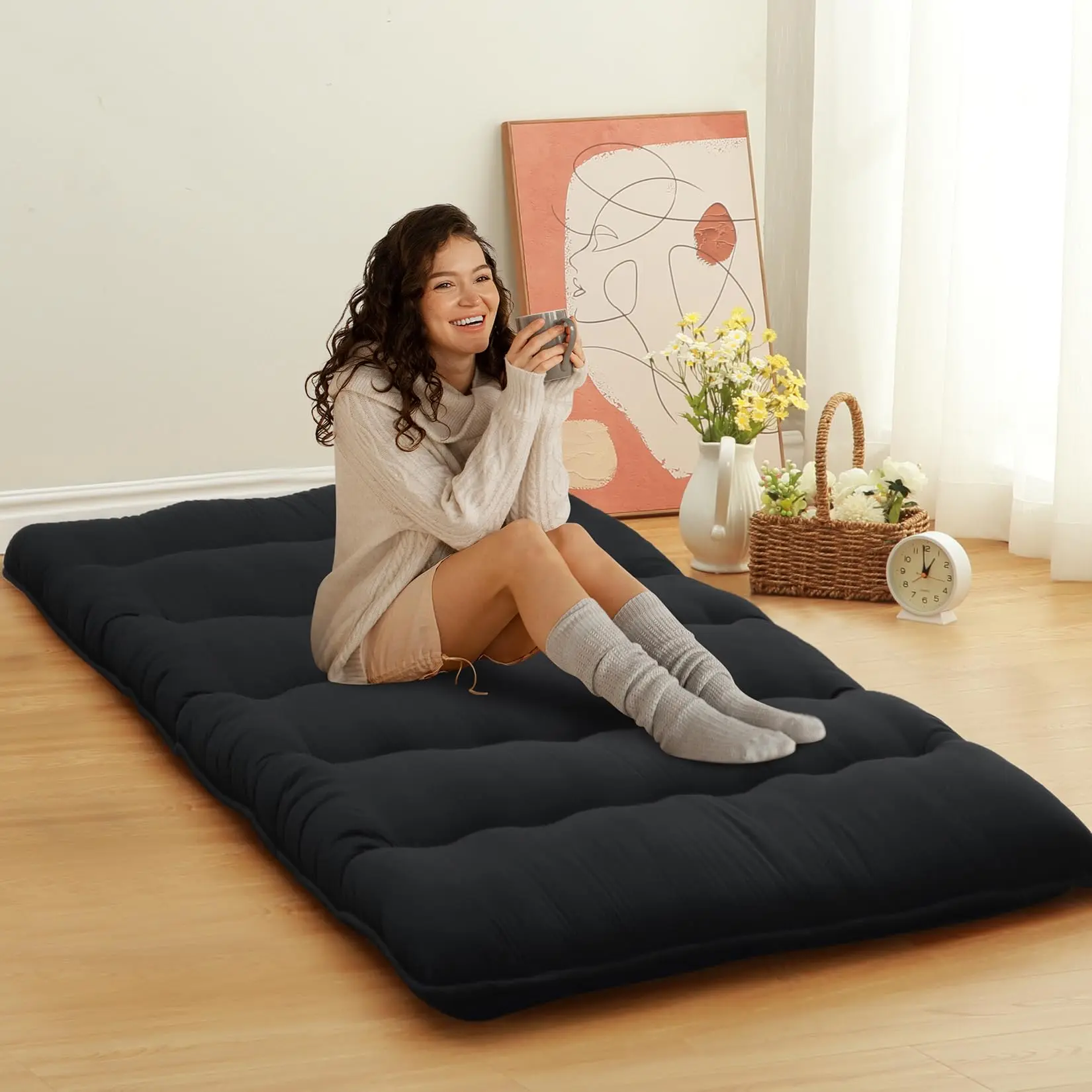 3'' Thick Convertible Tatami Floor Sofa Bed, Japanese Futon Mattress, Portable Roll-Up Guest Mattress for Living Room, Dorm, Camping, Yoga, Meditation, Twin/Full/Queen, Blue/Gray/Black