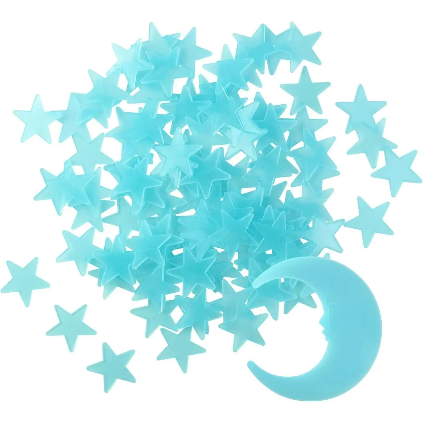 100 Stars and 1 Moon Glow in the Dark Luminous Fluorescent 3D Plastic Ceiling Wall Stickers, Create a Realistic Starry Sky, Room Decorations, Blue(Gift)