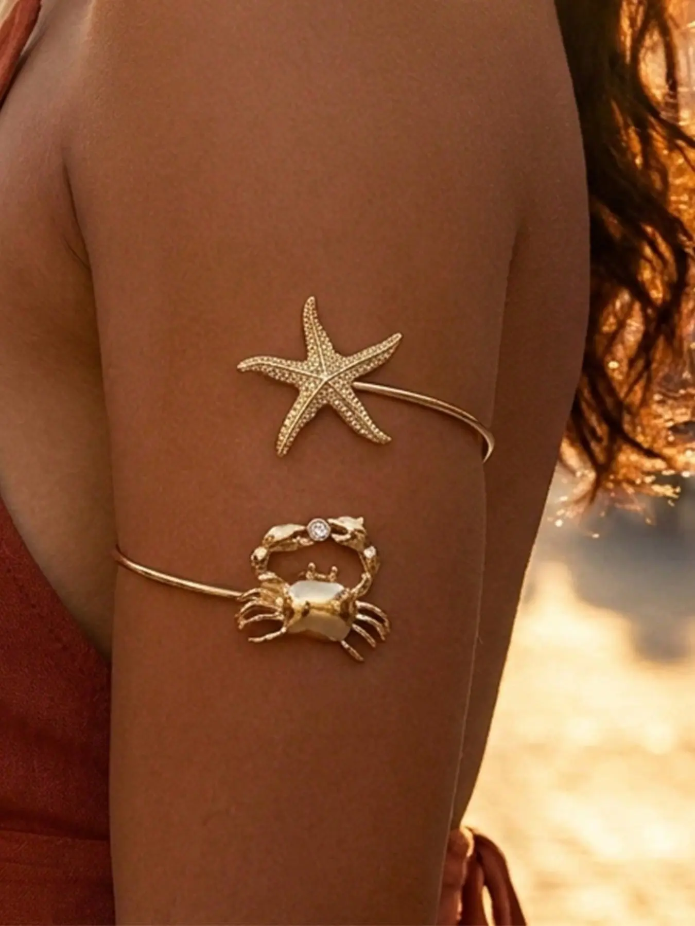 1pc Delicate Starfish & Crab Open Cuff Bracelet, Cuff Bangles Bracelets, Women's Fashionable Bracelet Style Summer Body Jewelry Accessory, Suitable For Street, Party, Beach, Daily Wear
