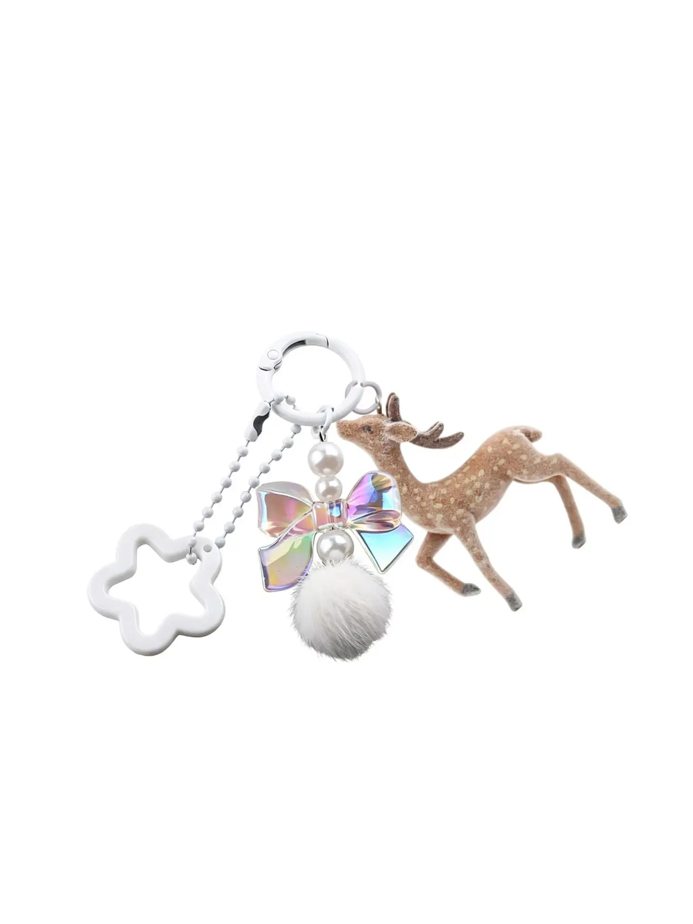 Y2K 3D Flocked Sika Deer Keychain with Pink Bow & Pom Pom Star, Cute Animal Bag & Car Pendant, Girly Accessory Gift for Girlfriend Best Friend Women, Present for Birthday Valentine Teacher Back to School Christmas Halloween