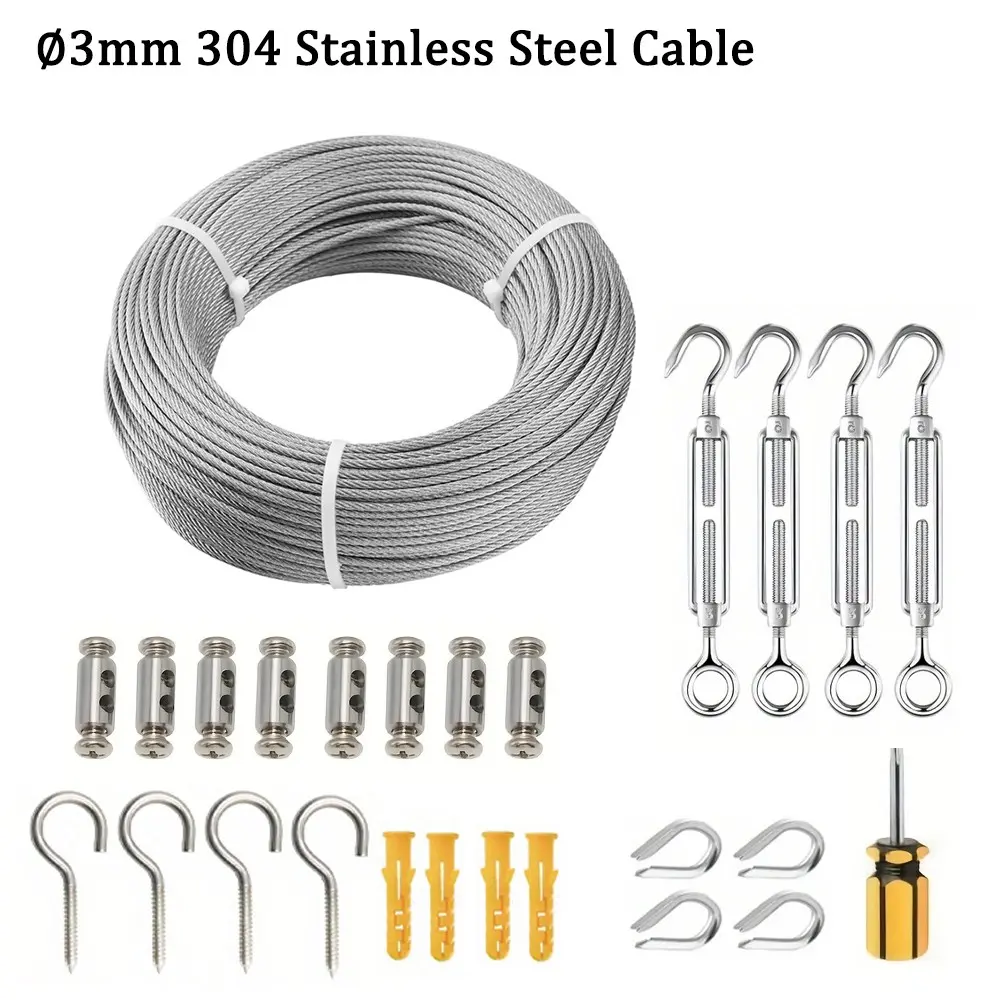 3mm 304 Stainless Steel Wire Rope Set, Multifunction Rope, 30ft/50ft/100ft, 7*19 Strand, 1700lbs Breaking Strength, Outdoor Tent, Curtain, Plant Climbing Rope