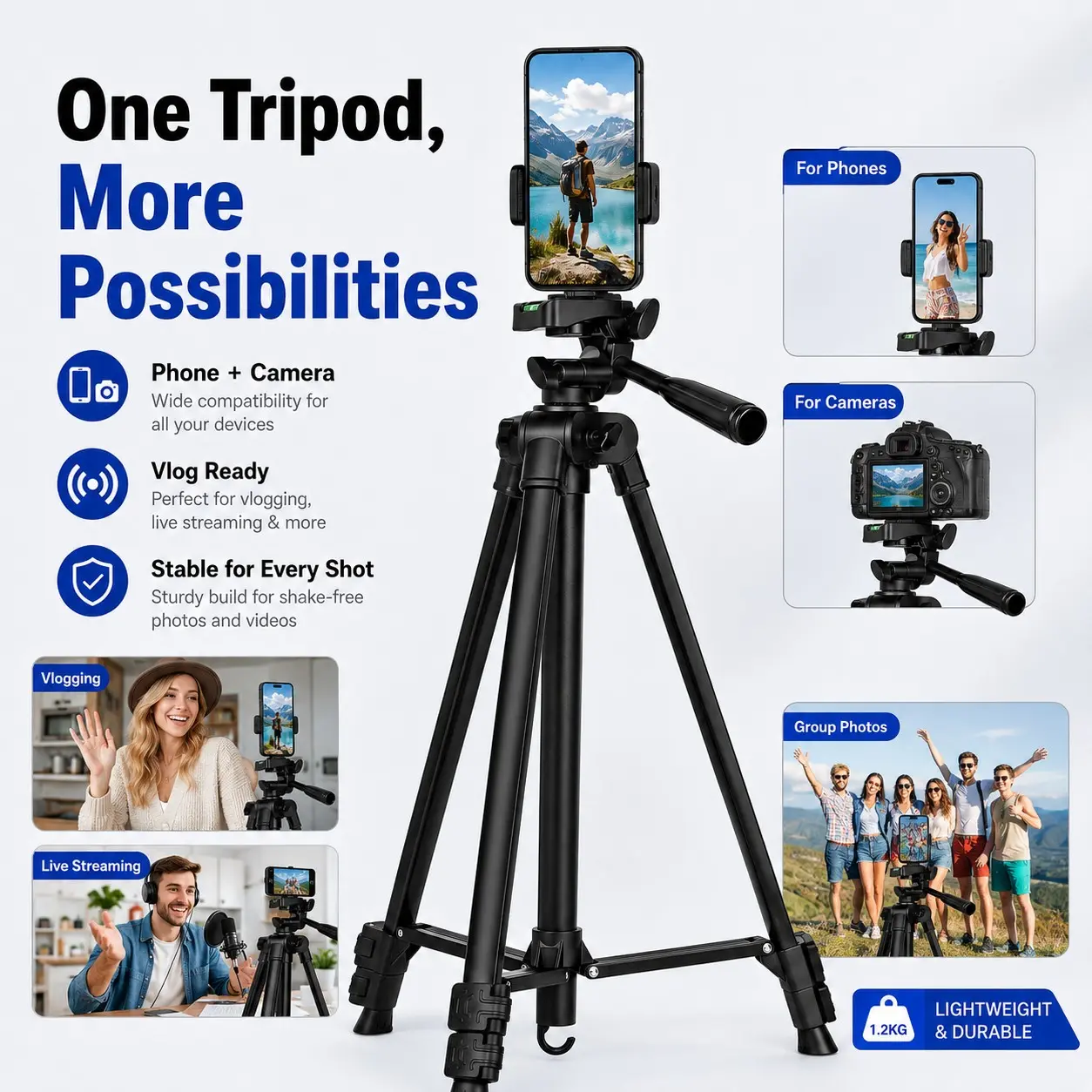 360° Rotating Camera Tripod Stand with Phone Clip Mount, Portable Desktop Tripod for Camera, Phone, Video Recording, Live Streaming & Vlog, Vlogging Tripod