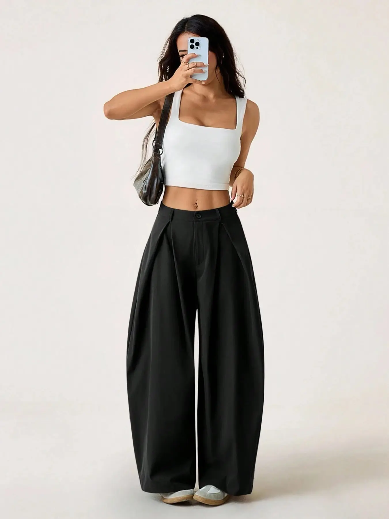 Women's Vintage Mid-Waist Loose Fit Baggy Street Style Pants, Elastic Waist, Wide Leg, Plain Surface, All Seasons, Comfortable and Stylish