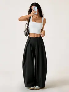 Women's Vintage Mid-Waist Loose Fit Street Style Pants, Elastic Waist, Wide Leg, Plain Surface, All Seasons, Comfortable and Stylish, Streetwear