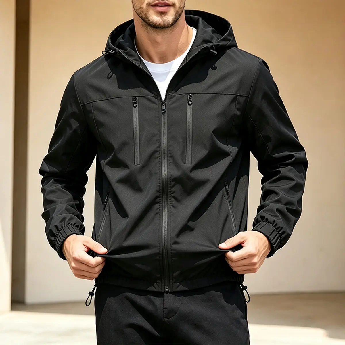 Men Jacket Sporty Performance Hooded Jacket Stretch Wind‑Blocking Material Symmetrical Chest Zipper Pockets Reliable Zip Closure Customizable Hood Drawstring Elastic Adjustable Bottom Hem Handy Zipper Storage Pockets Ideal For Short Outdoor