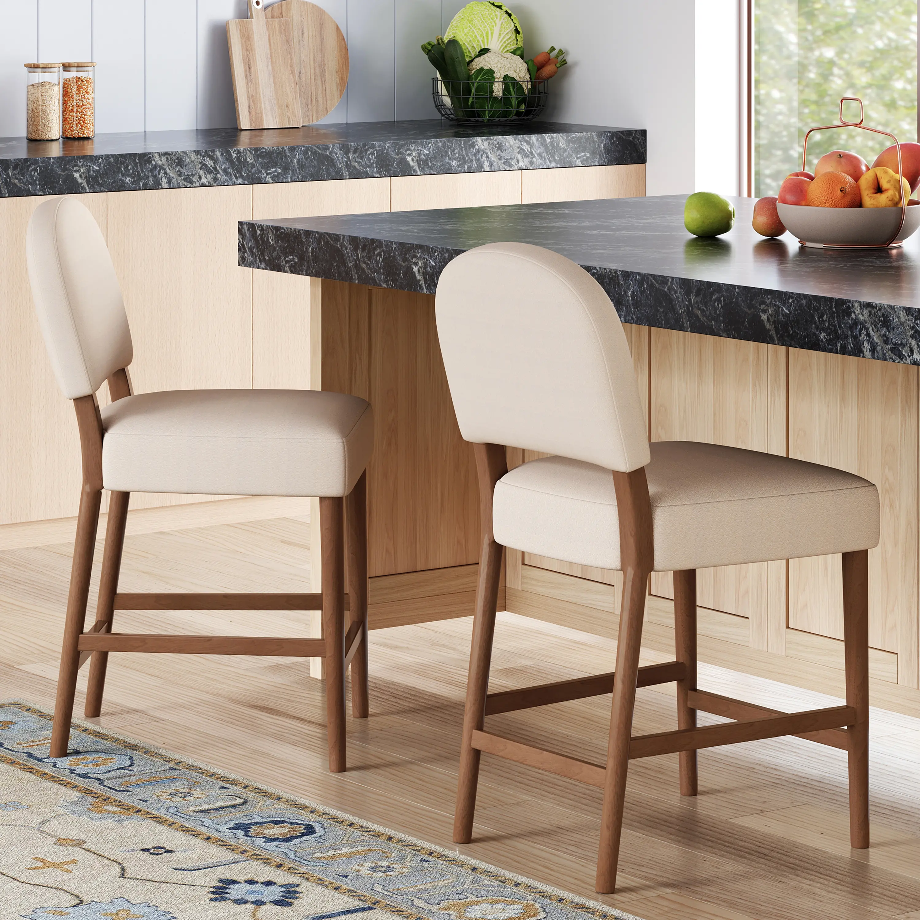 Classic Sturdy 26-Inch Seat Height Fabric & Rubberwood Bar Stool Set of 2, Beige Upholstery Kitchen Island Counter Stools with Adjustable Floor Levelers, Spacious Seat, Easy Assembly for Home Bar or Dining Room