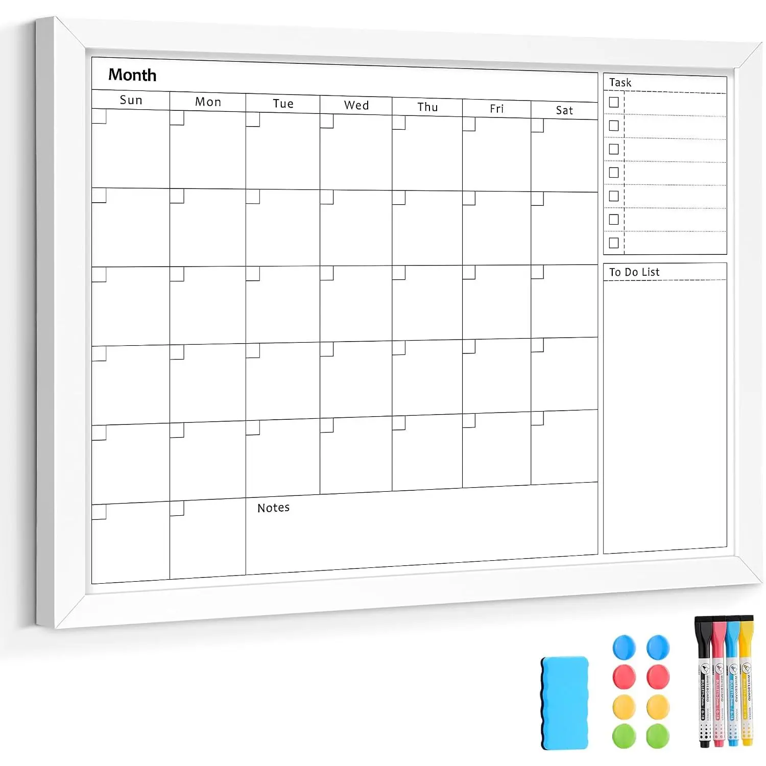 Monthly Calendar Whiteboard for Wall, 24"x18" Dry Erase Calendar, White |  Frame, , Planner White Board, Wall Mounted, for  Office, Kitchen, Dorm, 4 Markers, 6 , A Eraser