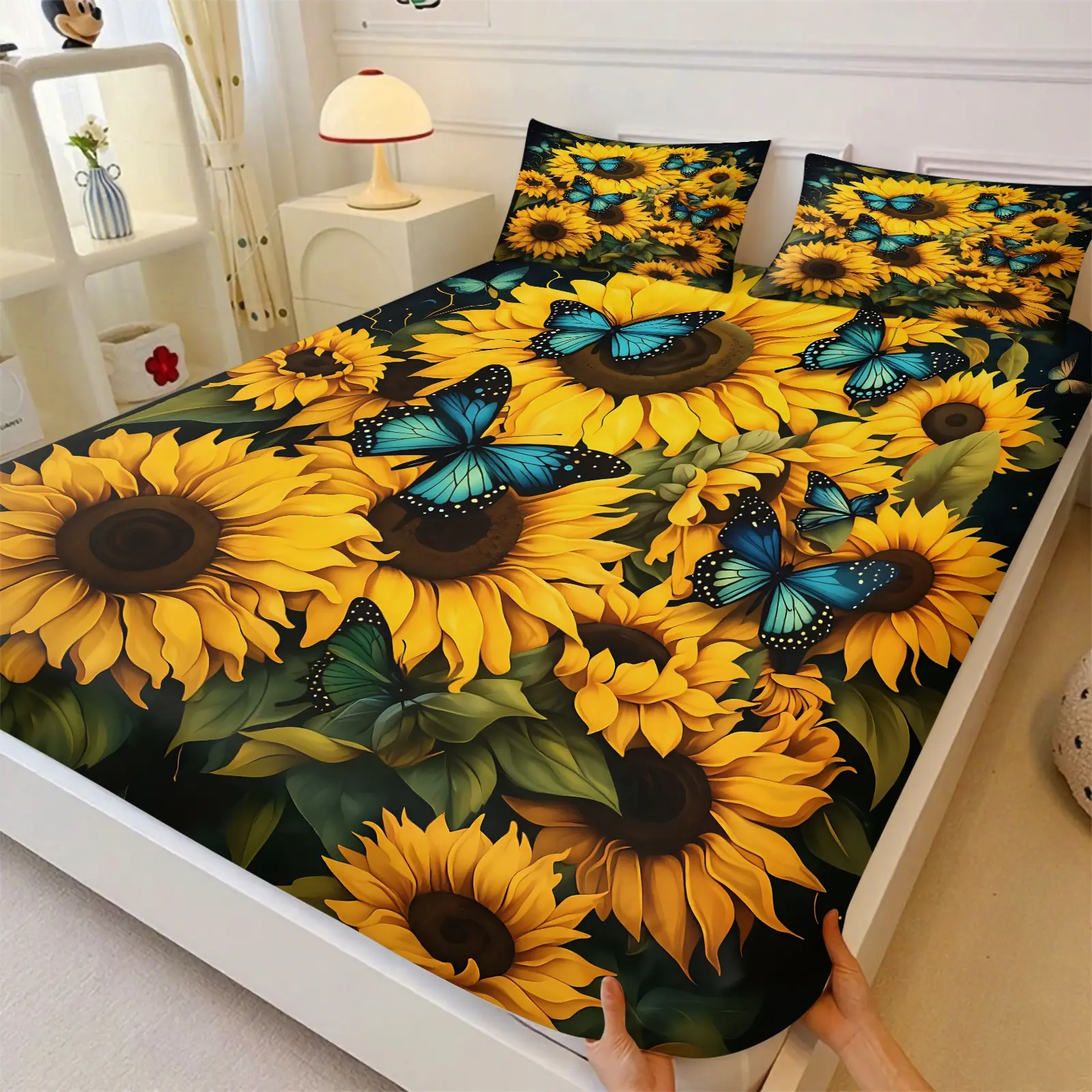 Sunflower & Blue Butterfly Themed 3 Pieces Fitted Sheet Set, Full Print Large Sunflowers with Bright Blue Butterflies on Dark Background Bedding Set,Perfect Housewarming Gift for Nature & Cottage Style Bedroom Interior Decor