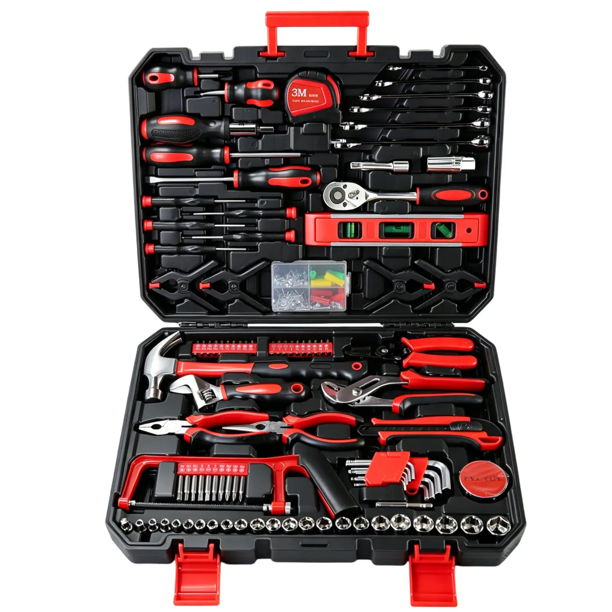 266 Piece Home Tool Set with Rolling Tool Box Complete Household Hand Tool Kit for Garage Car DIY and Workshop Includes Ratcheting Screwdriver Socket Set Pliers Hammer Level and Tape Measure