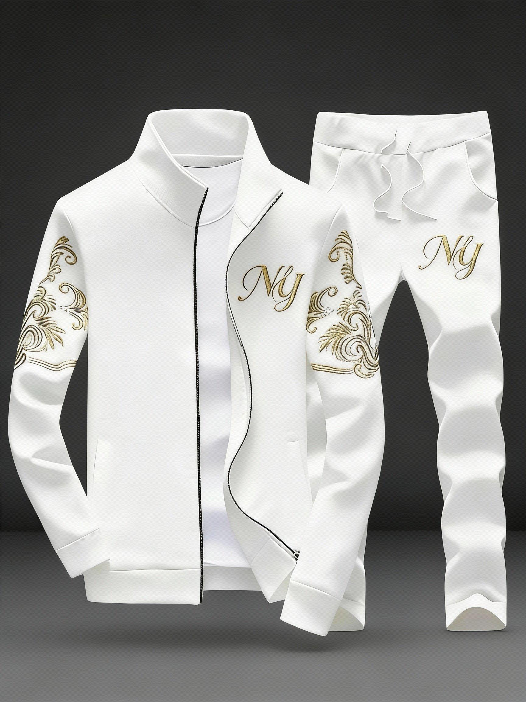 Stylish Men's Embroidery Stand Collar Tracksuit - Full Zip 2-Piece Casual Sportswear for Daily Leisure & Casual Outfits