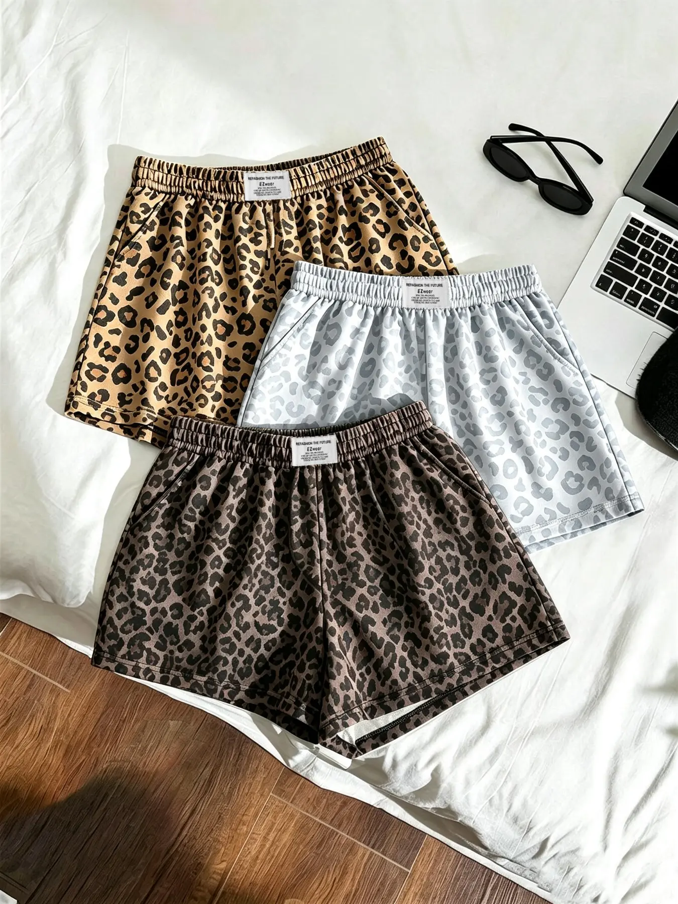 3-Pack Women's Leopard Print Shorts, Elastic Waist, Pocket Design, Loose-Fit, Casual Home & Outing Wear, Versatile Lounge Pants