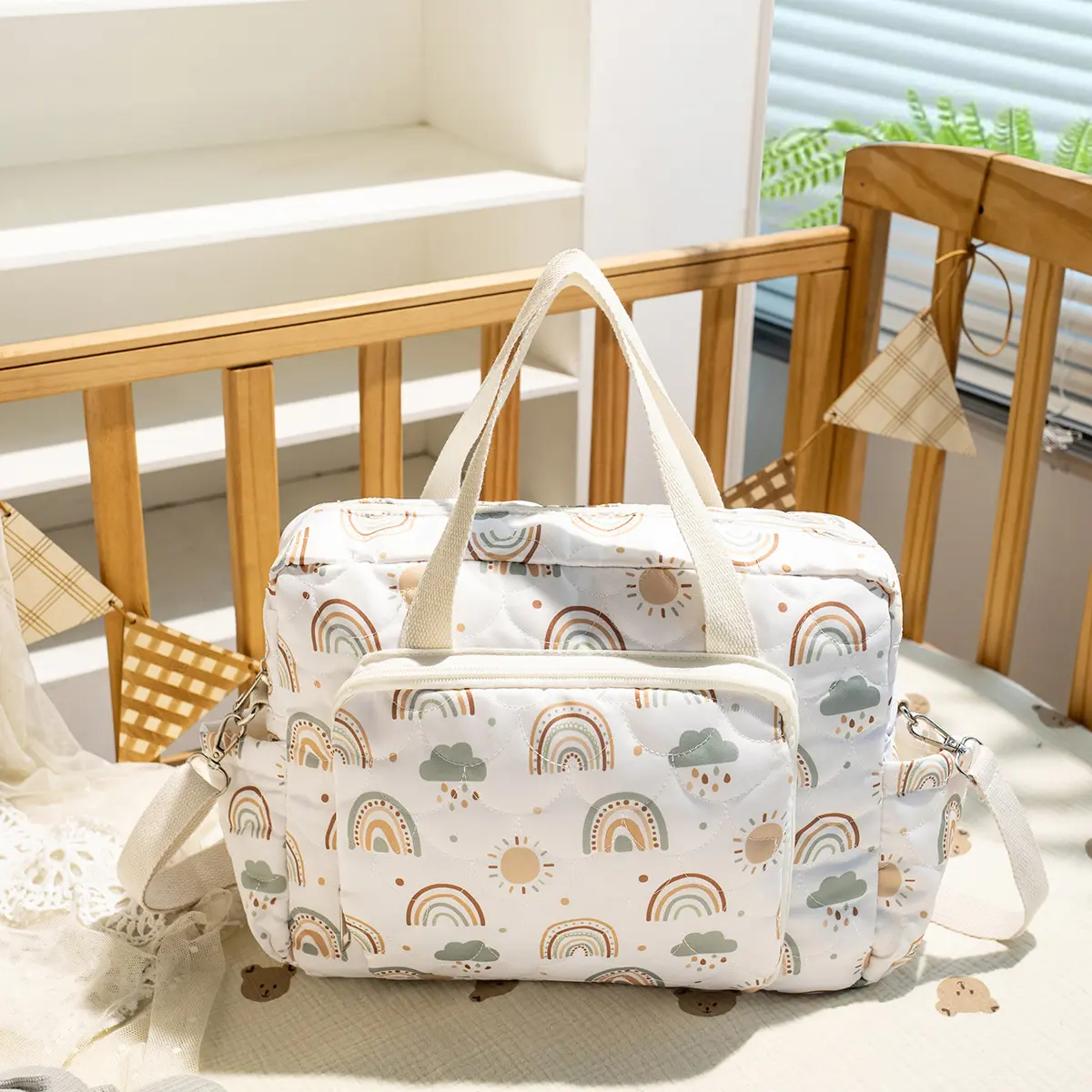 Rainbow Pattern Care Bag Multifunctional Large Capacity Travel Essentials Organizer Portable Mommy Bag Maternity Handbag