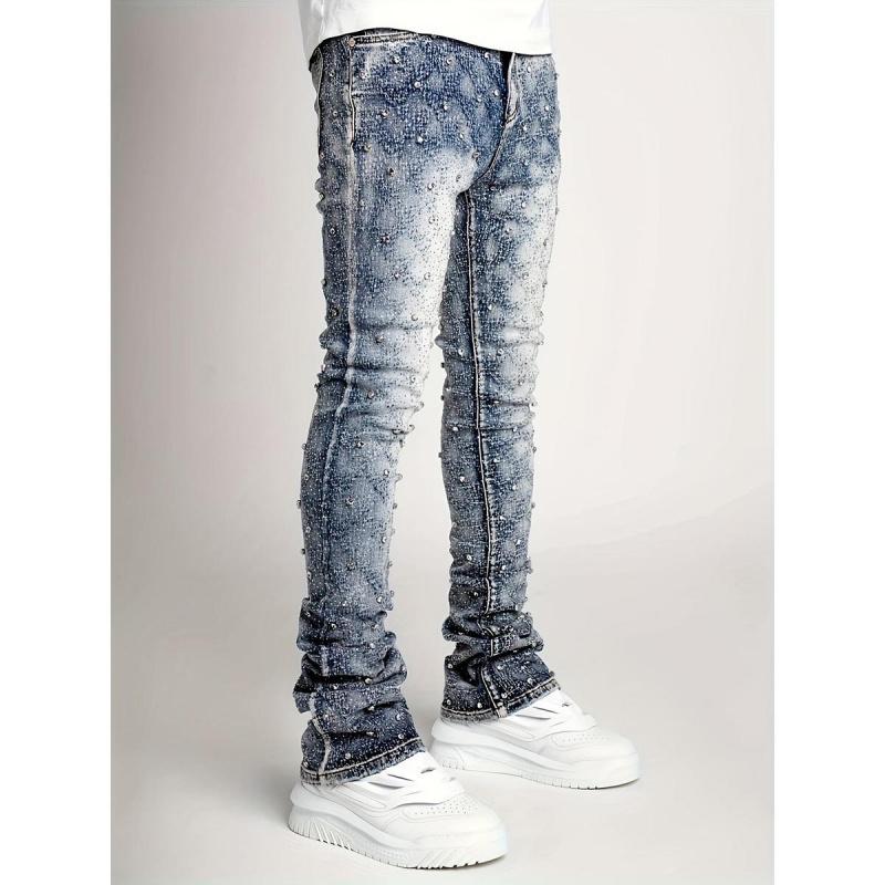 Y2K Men's Shiny Rhinestone Embellished Stretch Slim-Fit Jeans, Casual Street Style Hip-Hop Skateboarding Rap Pants, Machine Washable - All-Season Wear